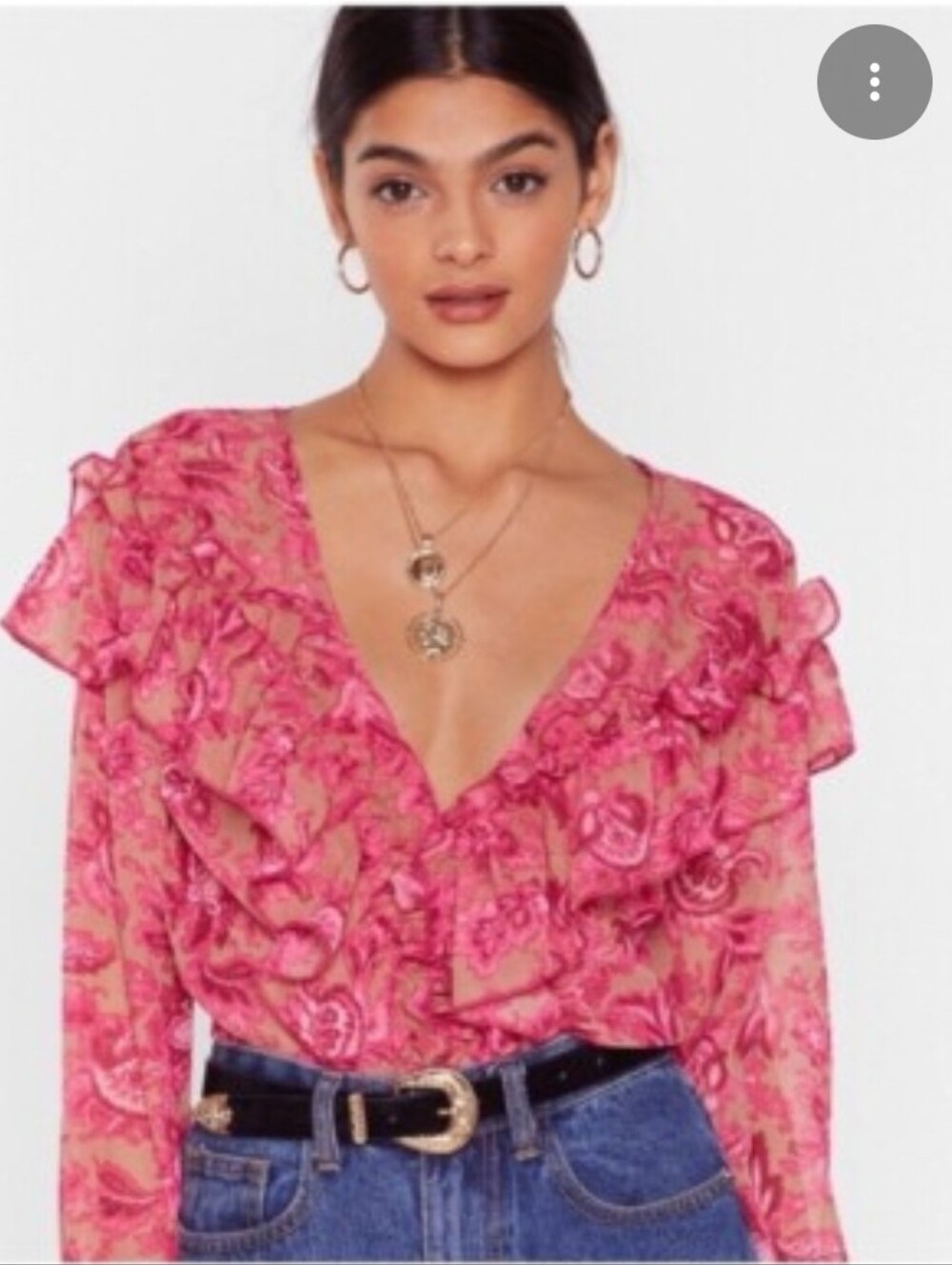 NASTY GAL Pink Floral Ruffle V-Neck Top, US Size 2